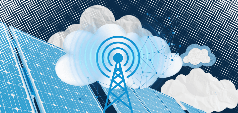 Illustration of solar panels and a communication tower with signal waves, surrounded by clouds and digital network connections.