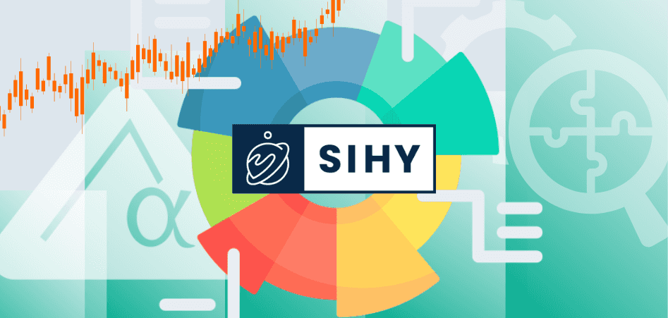 Colorful circular shape in background with stock chart lines. SIHY ticker in front with planetary icon.