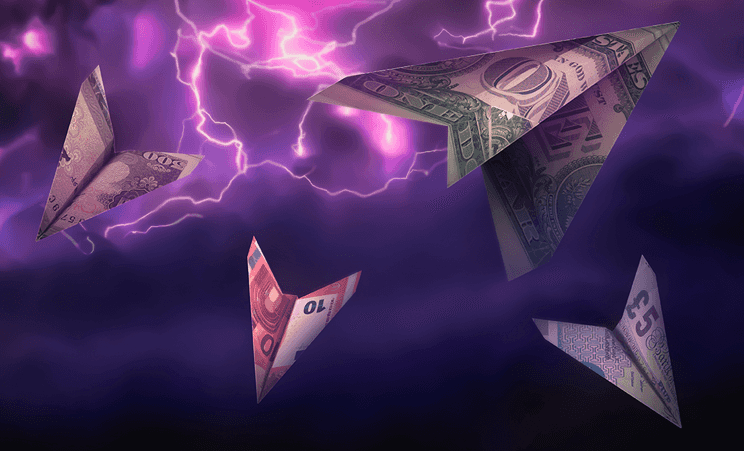 Paper airplanes made of currency flying in a purple colored lightning storm.
