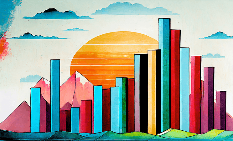 Illustration of sunset over mountains with mostly ascending bar charts in the foreground.