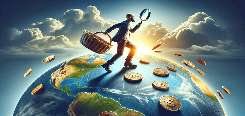 Digital Illustration of a man tall enough to walk across the top of the world with a basket and magnifying glass. Giant coins are scattered on the Earth's surface.