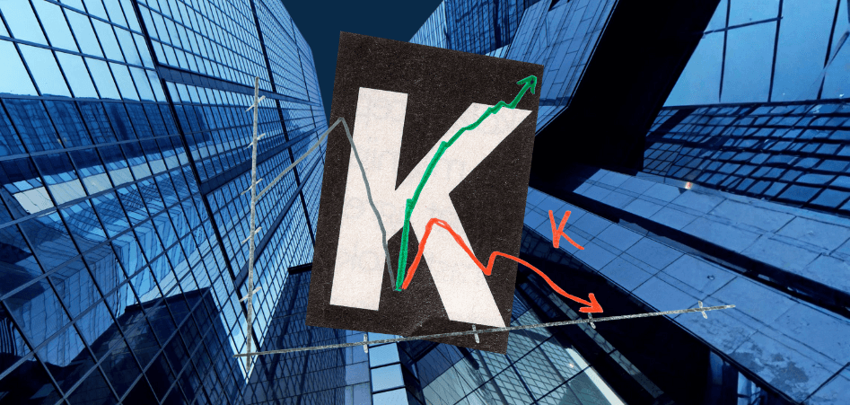 The Challenges of a K-Shaped Economy showing a K with different colored arrows pointing in different directions resembling a k shape.