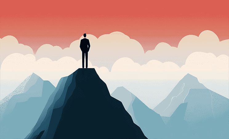 Illustration of a man in suit standing on top of a mountain in the clouds. Palette includes shades of red, white, blue, and black.