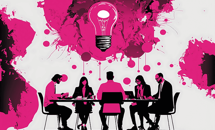 Illustration of people sitting around a table with a giant pink lightbulb above them.