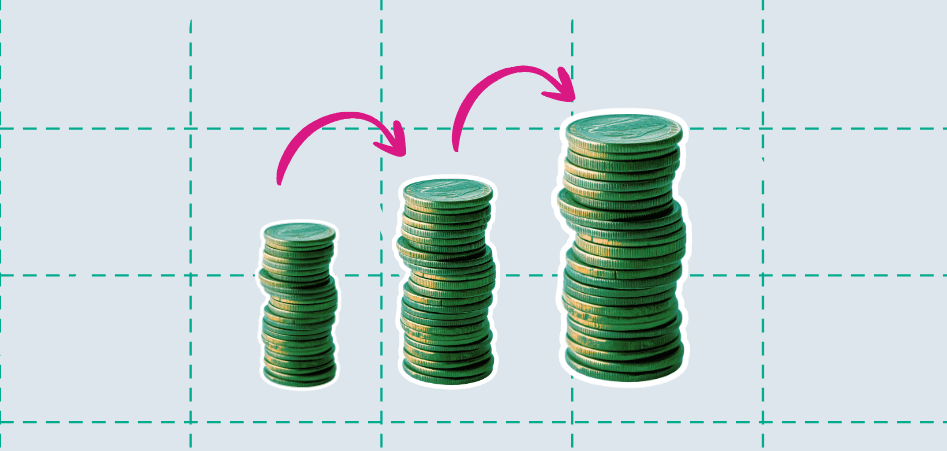 Stacked coins increasing in height with arrows showing growth.