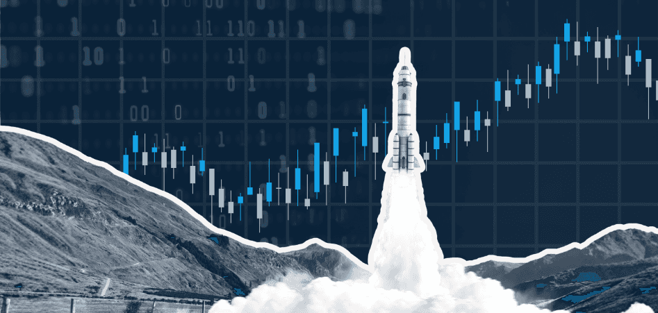 Rocket launching against a rising stock chart, symbolizing growth, market gains, and financial momentum.