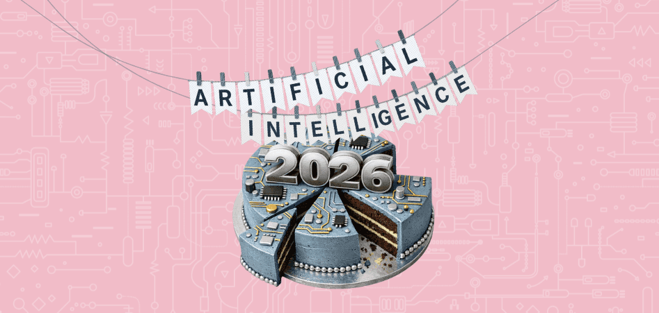 Illustration of a sliced cake labeled 2026 with circuit details, under a banner reading ‘Artificial Intelligence.’