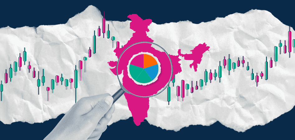 A stylized illustration of India's map overlaid with financial candlestick charts and a pie chart under a magnifying glass, representing analysis of India's equity market.