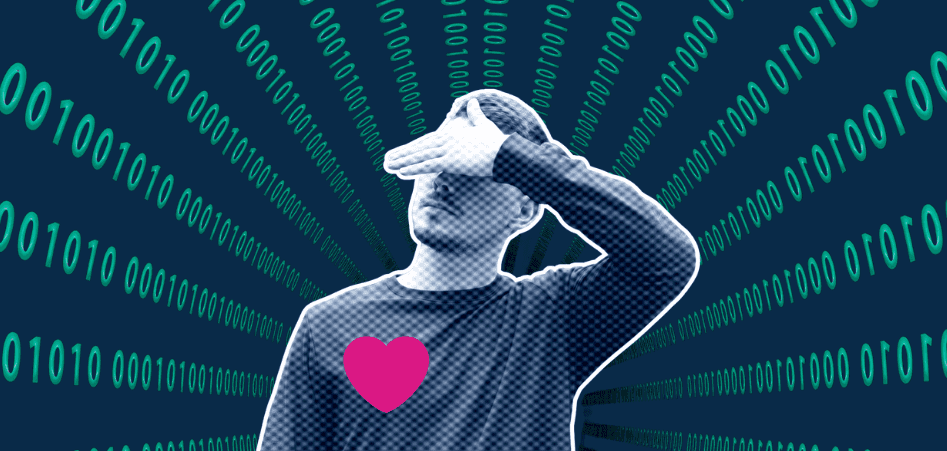 Person shielding their eyes amid streams of binary code, with a heart icon on their chest.