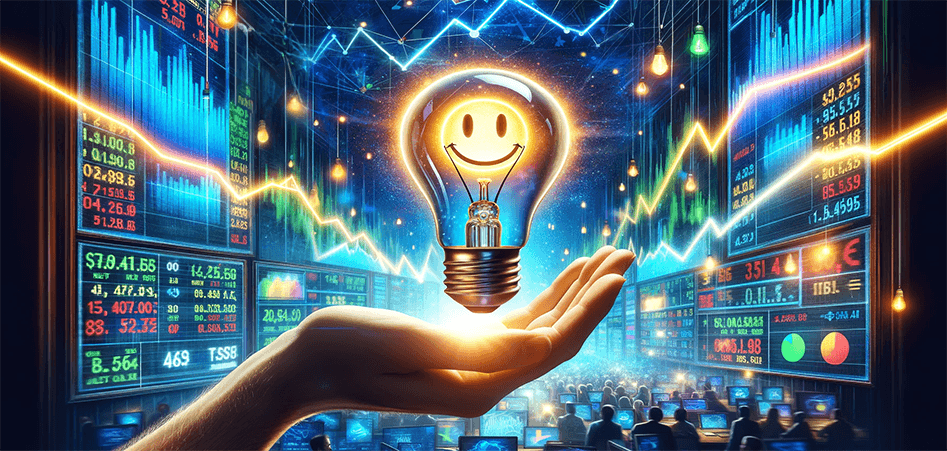 Smiley face inside a lightbulb floating above a hand against a backdrop of stock charts
