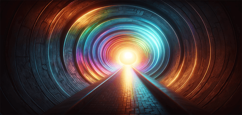A round tunnel with rainbow colors lining the sides