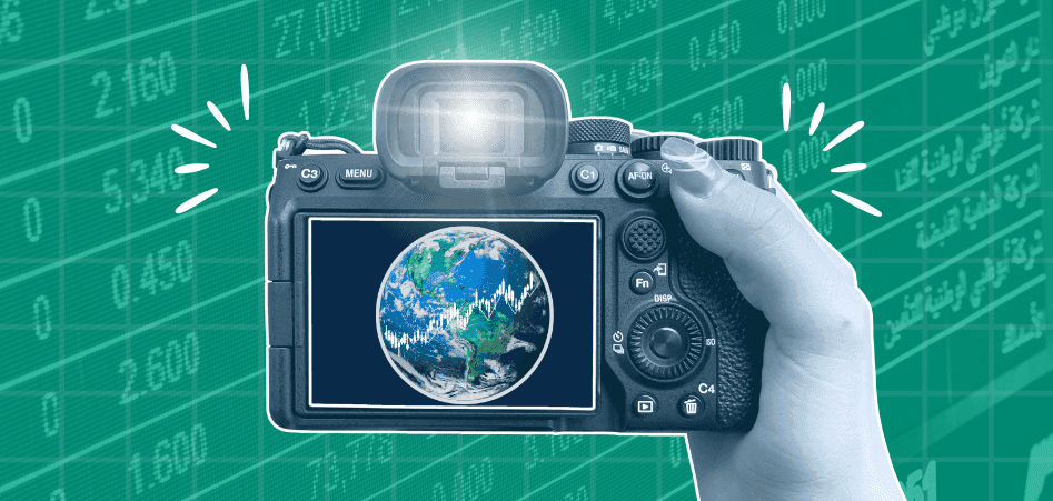 Camera showing Earth with stock market chart overlay on the screen.