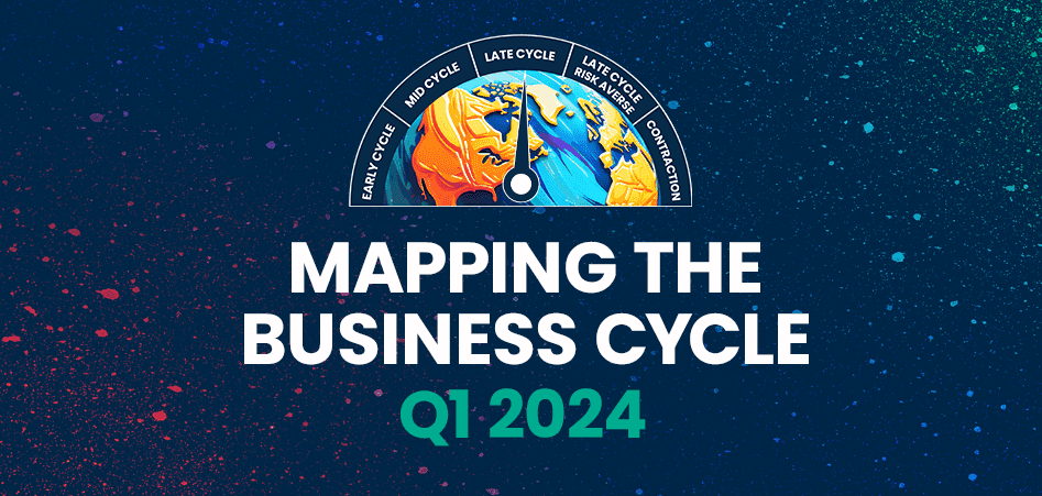 Mapping the Business Cycle Q1 2024 text with Q1 2024 highlighted a green. A gage that is also half of the earth points towards the words 'Late Cycle'