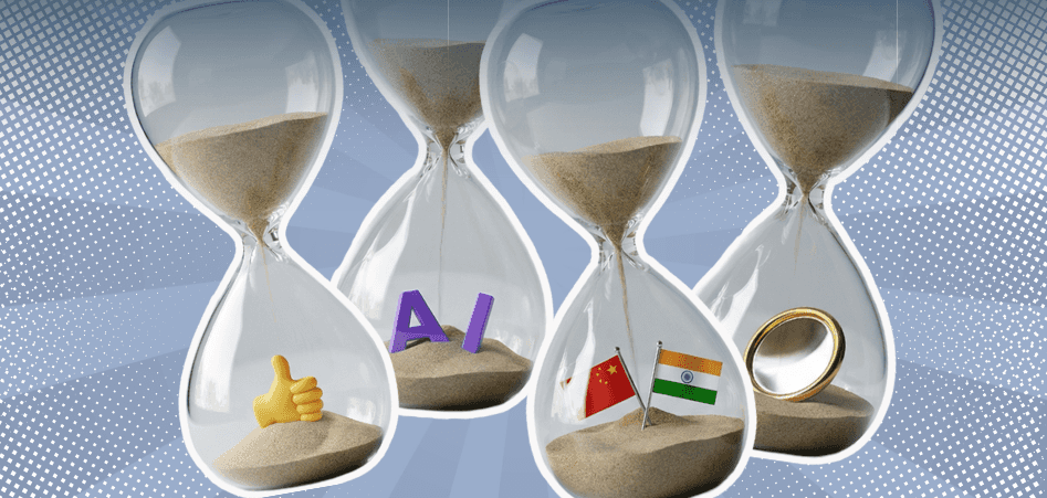 Row of hourglasses with sand, showing icons for approval, AI, China–India flags, and a gold ring.