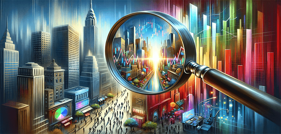 Magnifying glass over a city skyline filled with stock charts and graphs.