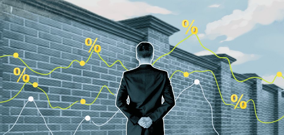 Man in suit facing a wall with % symbols and lines in the background