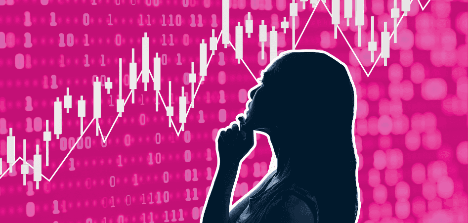 Silhouette of a person thoughtfully analyzing rising stock market charts and data visualizations on a bright pink digital background.