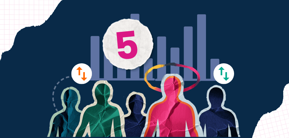Illustration of five human figures with data bars in the background and up/down arrows, emphasizing differentiation or comparison.