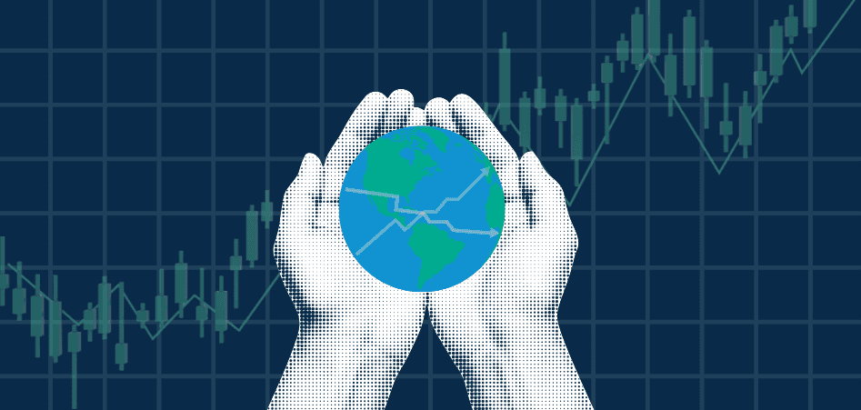 Illustration of two hands holding a globe with a stock market graph in the background.