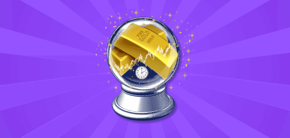 Crystal ball with gold bars, a clock, and stock chart inside on a purple background.