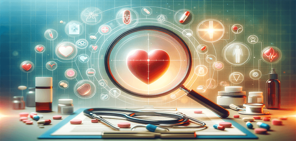 A magnifying glass focused on a heart with crosshairs. The heart is surrounded by iconography of different shaped health icons consisting of crosses, pills, and bandaids.