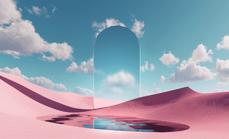 A mirror in a desert oasis on a bright and cloudy day
