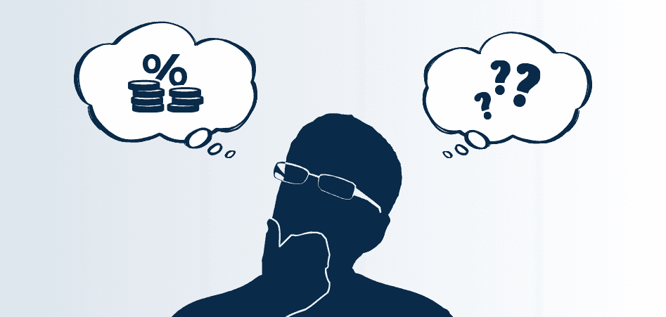 Silhouette man with glasses with two thought bubbles. One bubble shows a percent sign and coins. The other bubble shows question marks.