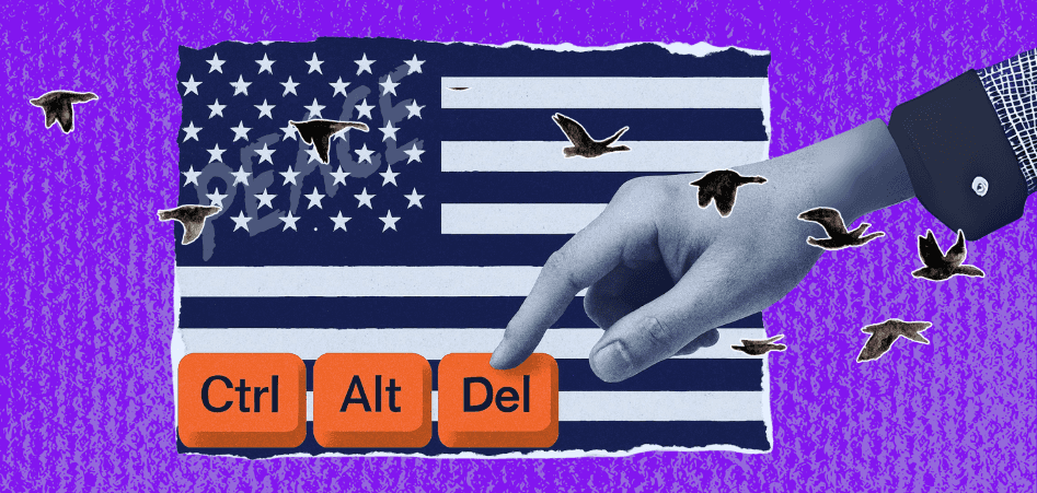 Hand pressing Ctrl, Alt, Del keys below a torn American flag, with flying birds on a purple background.