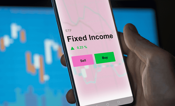 Phone display Fixed Income ETF up 0.23% with Sell and Buy buttons