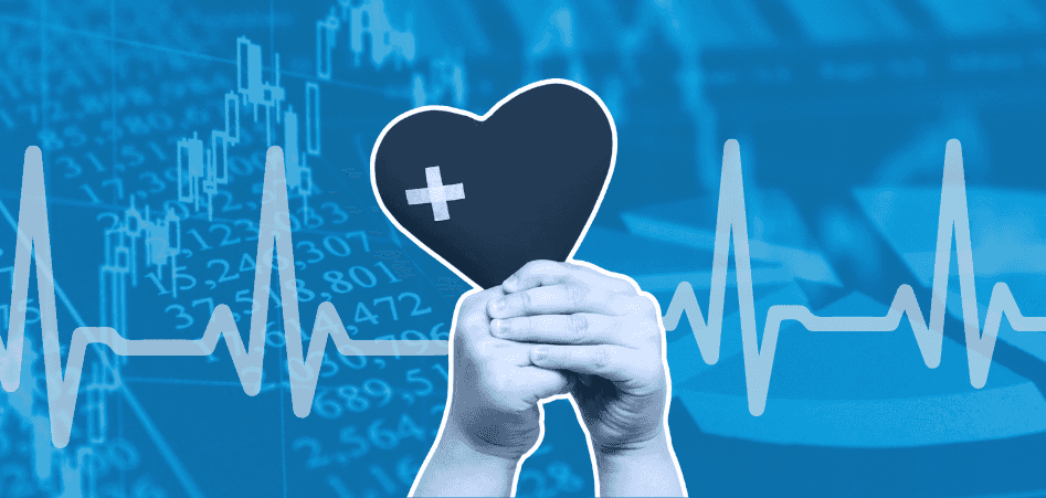 Hands holding a heart with a medical cross, overlaid on stock market charts and a heartbeat line.