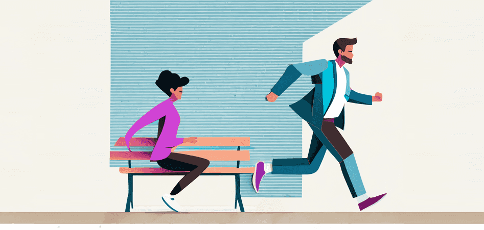 Person in a blue suit running while past a bench with a person in pink sitting on it.