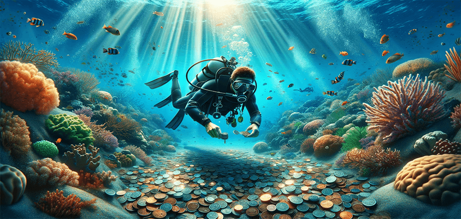 Scuba diver finding coins at the bottom of a large body of water.