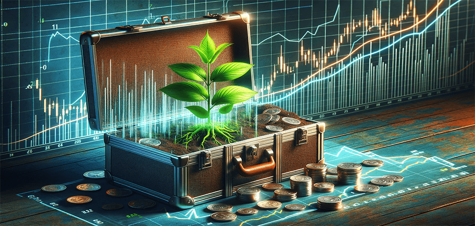 A plant growing out of a briefcase against a backdrop of coins and a chart.